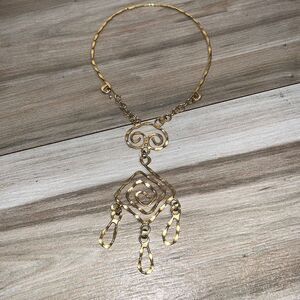 Egyptian Gold Tone Dangling Hammered Statement Necklace Collar Bib
